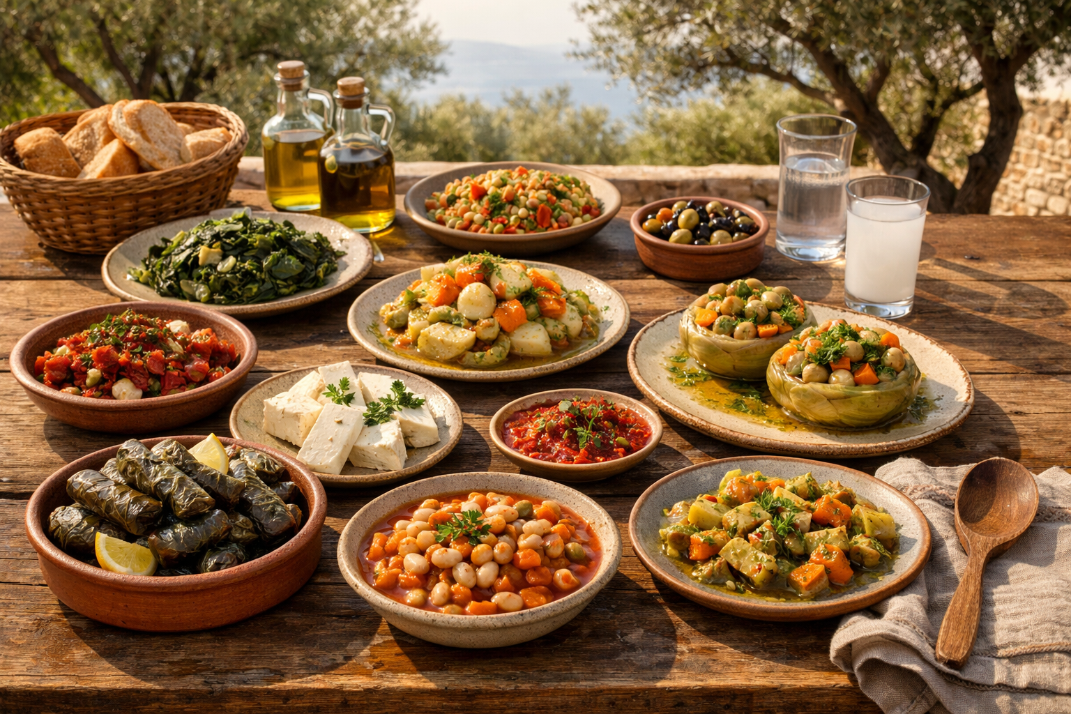Ege usulü zeytinyağlı yemeklerle dolu geleneksel sofra