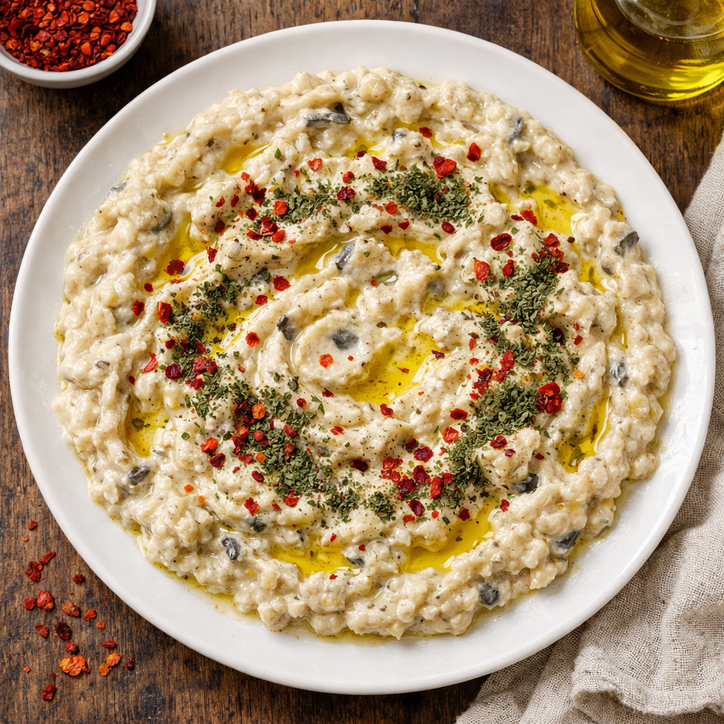 Közlenmiş patlıcan ezmesi tabakta servis