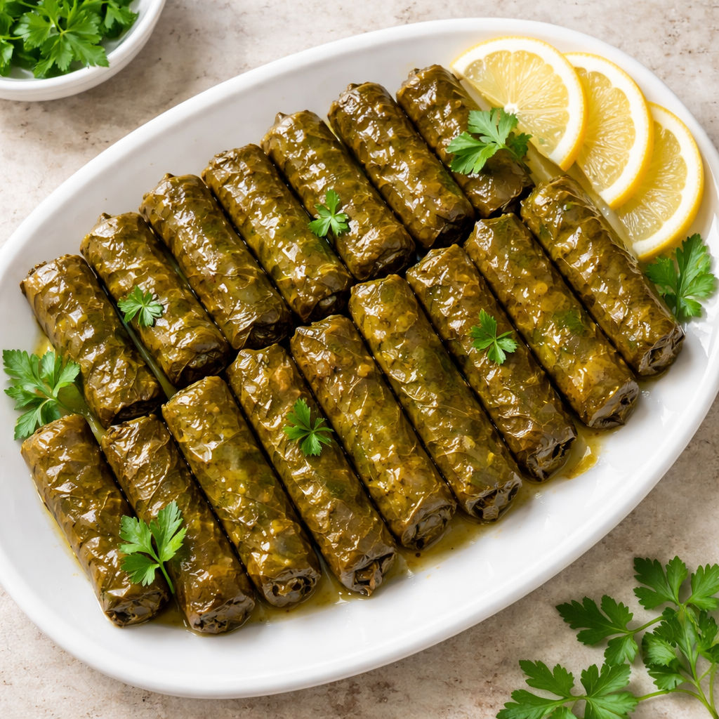 Zeytinyağlı yaprak sarma tabakta dizili