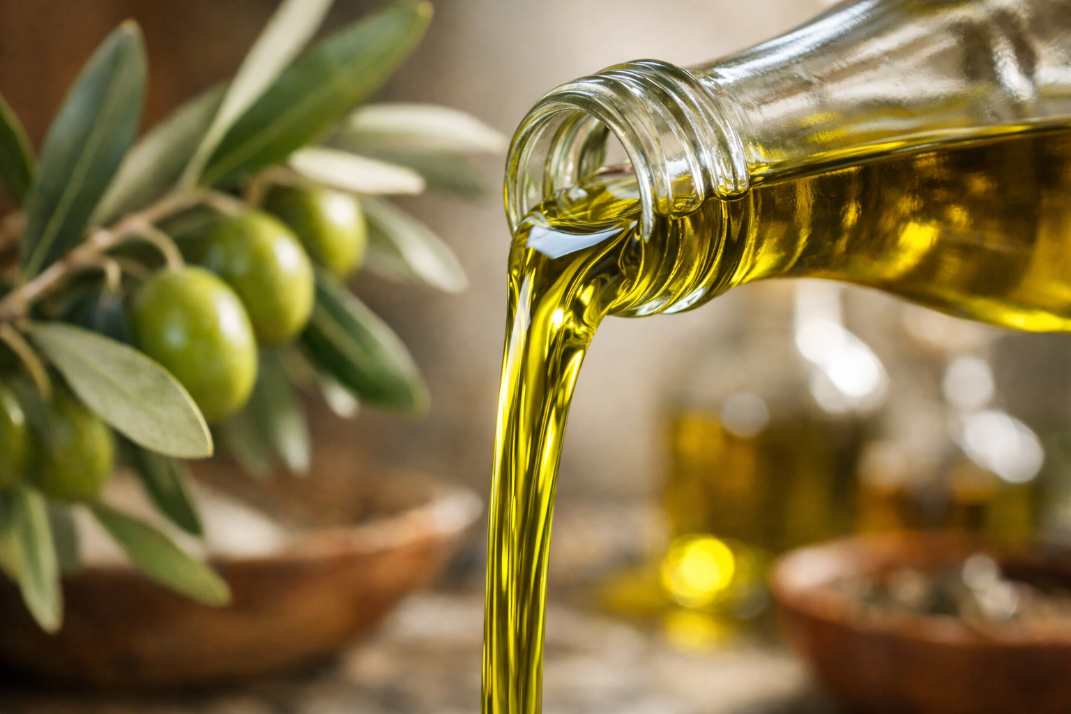 Natürel sızma zeytinyağı cam şişeden dökülürken