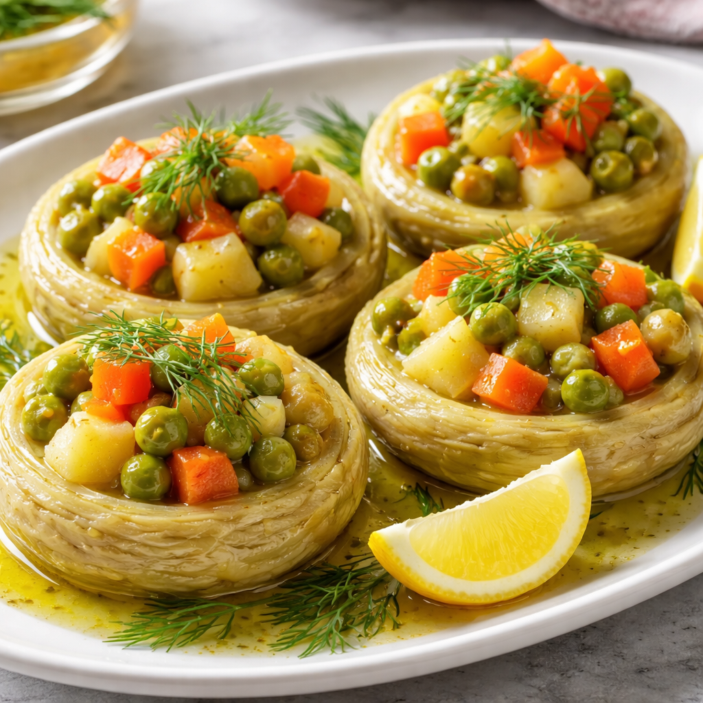 Zeytinyağlı enginar dereotu ile süslenmiş